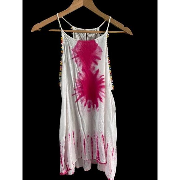 Entro Gauzy White Pink Tie Dye Colorful PomPom Spaghetti Strap Tank Sz L - Picture 1 of 12